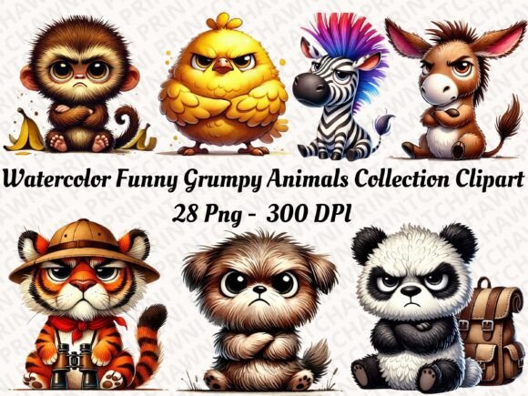 Download Watercolor Funny Grumpy Animals Clipart - Animal Collection