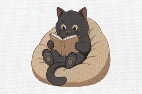 Download Cute Black Cat Reading Book Embroidery - Cute Collection
